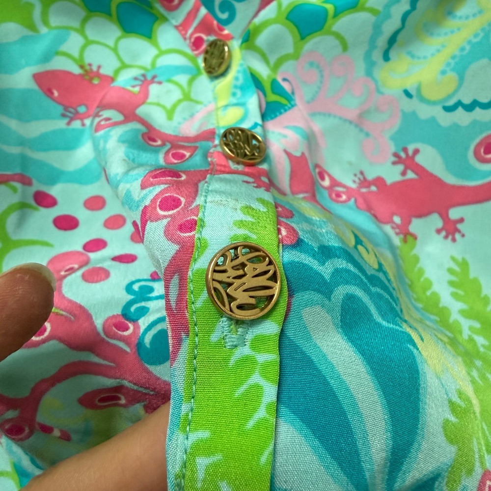 Lilly Pulitzer Silk Blouse Pink Green Tropical Smocked Neck Top Size 14 - Picture 3 of 9